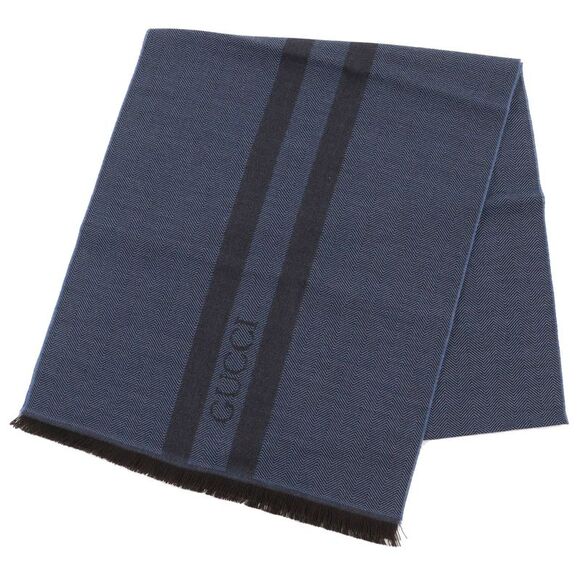 GUCCI Wool Herringbone Logo Scarf Blue Brown - Picture 1 of 6